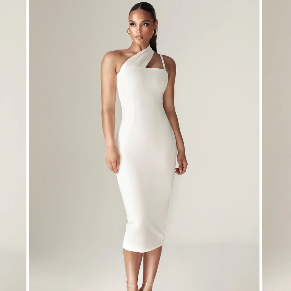 EMILY MODERN LOPSIDED NECKLINE MIDI DRESS (OFF WHITE)